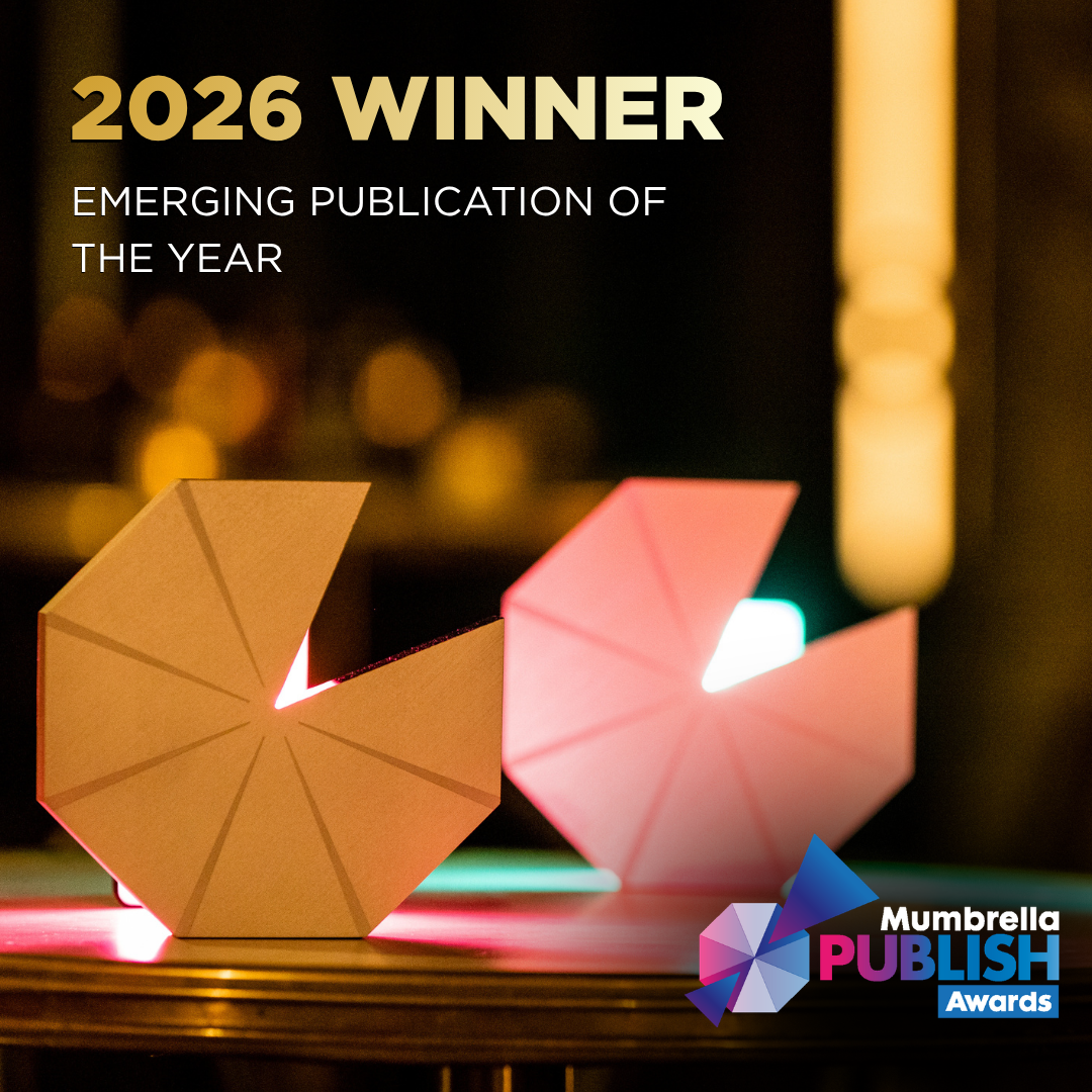 Mumbrella Publish Awards graphic announcing 2026 Winner for Emerging Publication of the Year with two geometric trophies.